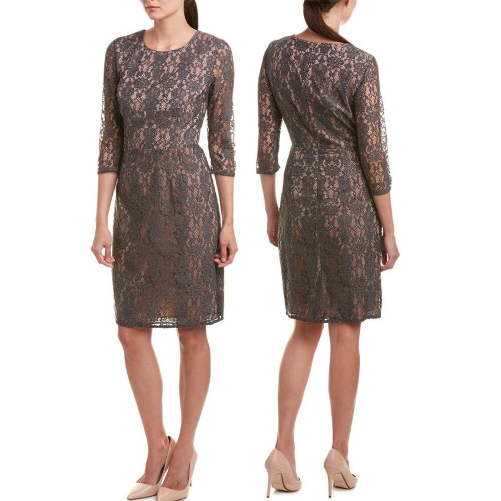 TRINA TURK Gray Crochet Lace Overlay Sheath Dress Size 8 Made In USA